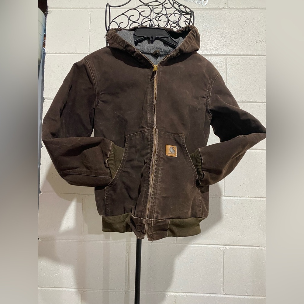 Vintage Carhartt YYJ159 Dark Brown Hooded Zip Up Work Jacket SZ 10/12
